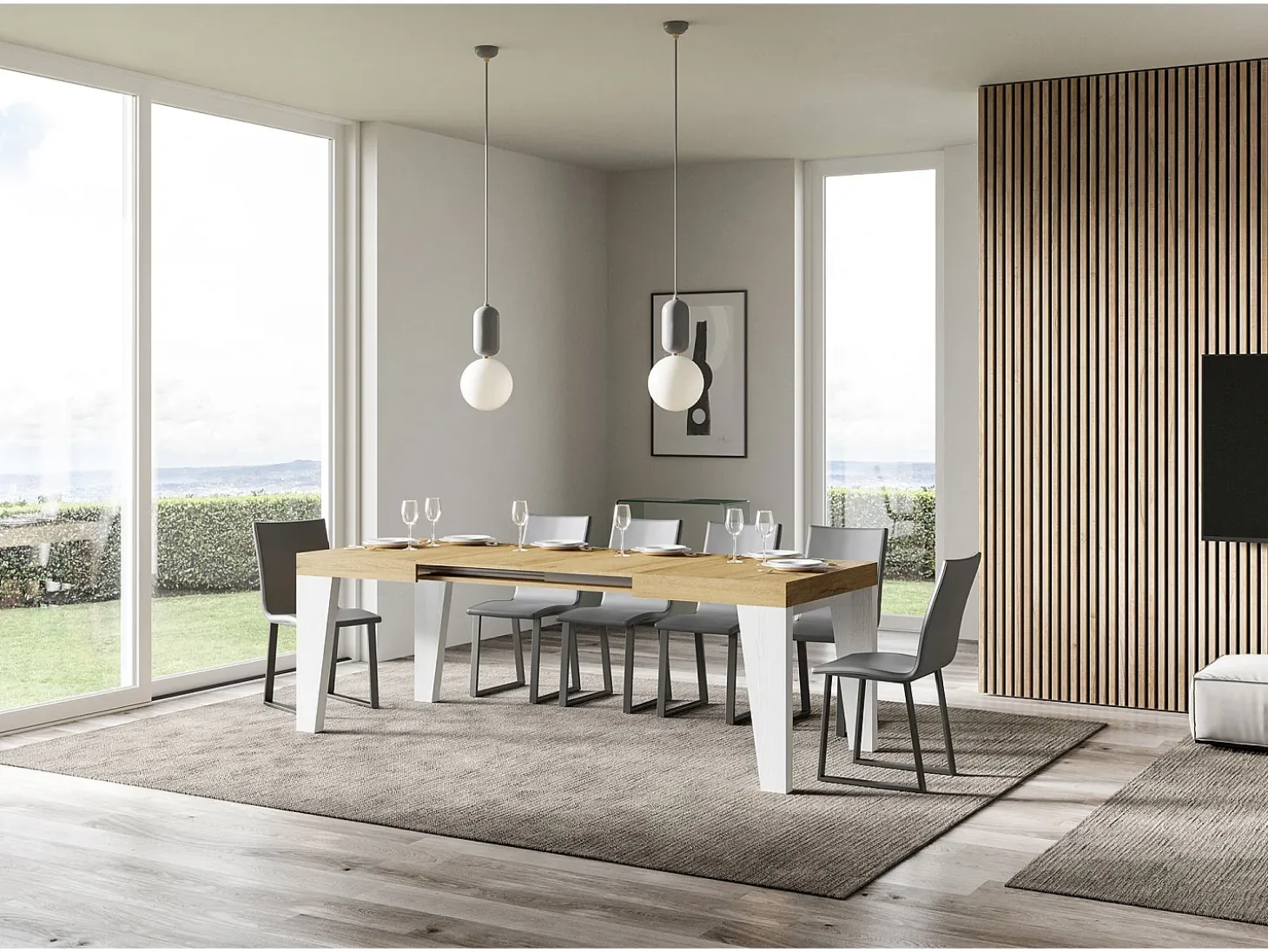Mesa extensible 90x130/390 cm Naxy Mix Tapa Roble Nature - Patas Fresno Blanco