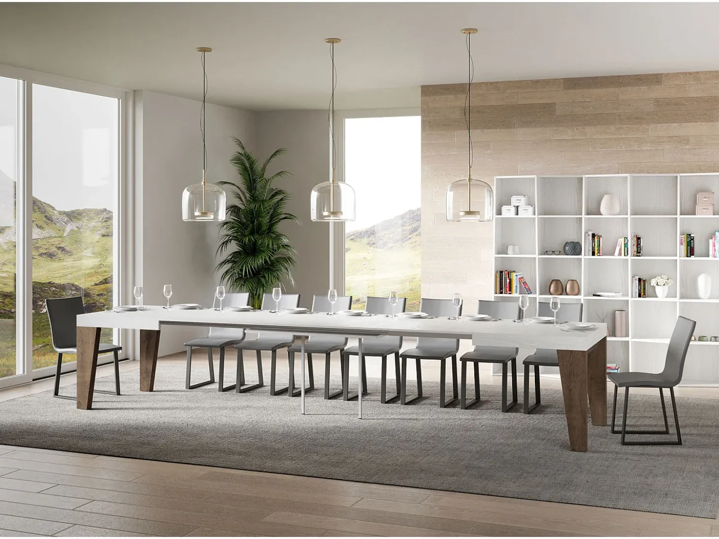 Mesa extensible 90x180/440 cm Naxy Mix Tapa fresno blanco - Patas nogal