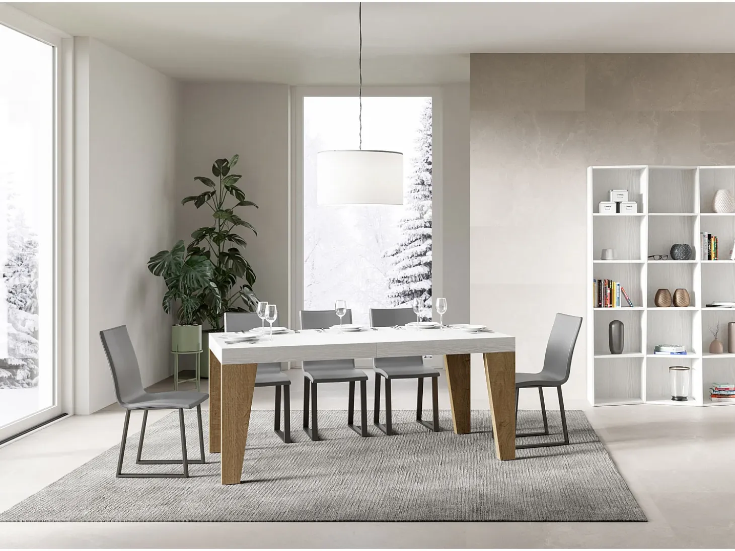 Mesa extensible 90x160/420 cm Naxy Mix Tapa Fresno Blanco - Patas Roble Nature