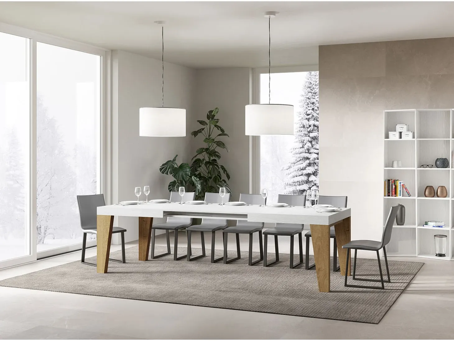 Mesa extensible 90x160/420 cm Naxy Mix Tapa Fresno Blanco - Patas Roble Nature