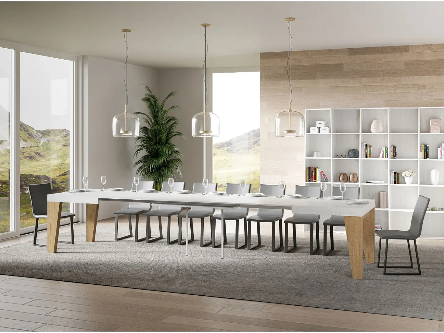Mesa extensible 90x130/390 cm Naxy Mix Tapa Fresno Blanco - Patas Roble Nature