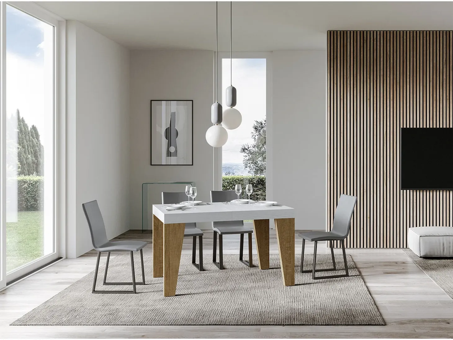 Mesa extensible 90x130/234 cm Naxy Mix Tapa Fresno Blanco - Patas Roble Nature