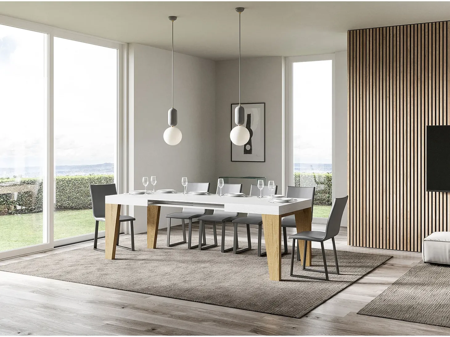 Mesa extensible 90x130/234 cm Naxy Mix Tapa Fresno Blanco - Patas Roble Nature