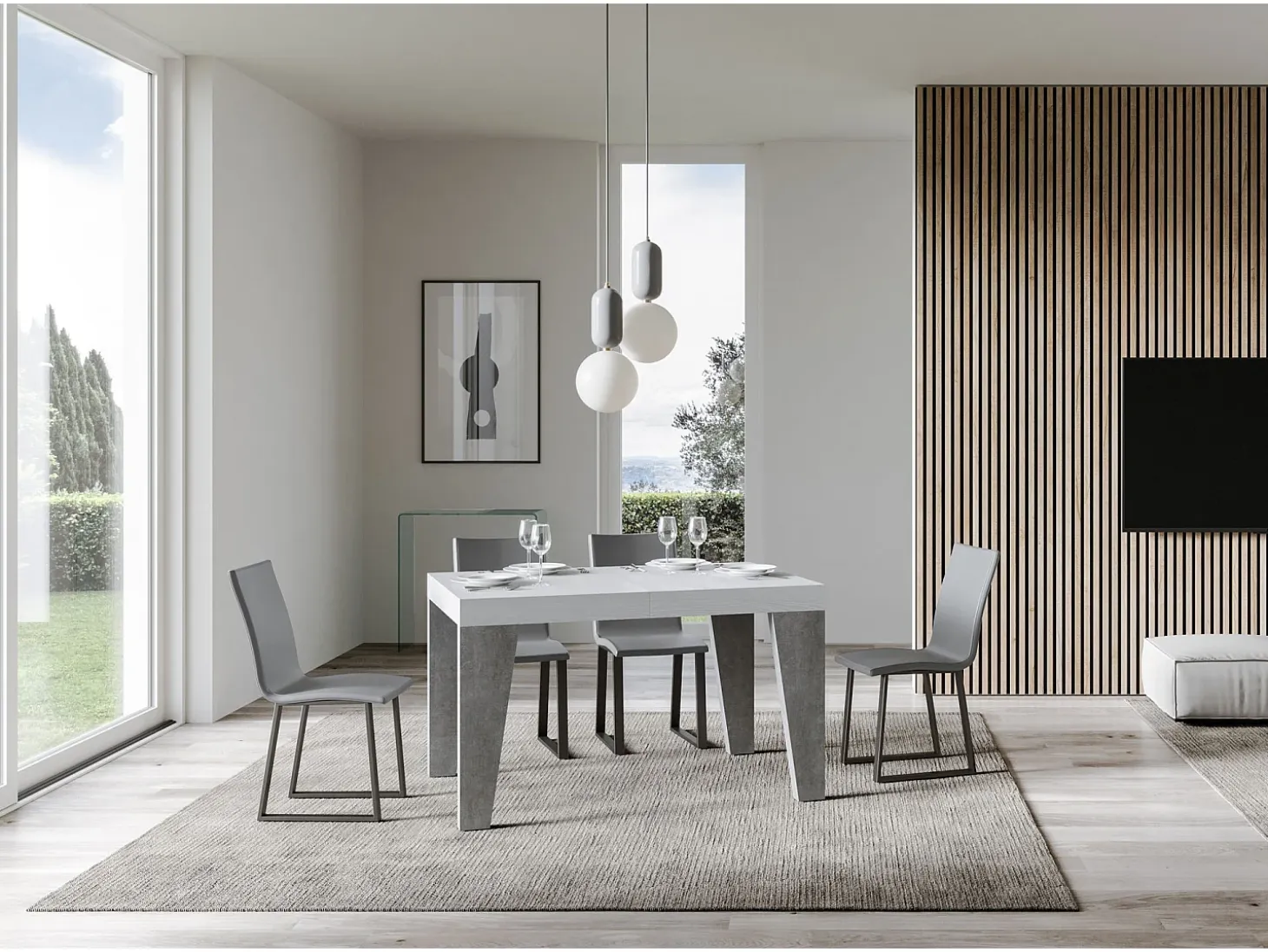 Mesa extensible 90x130/390 cm Naxy Mix Tapa fresno blanco - Patas cemento