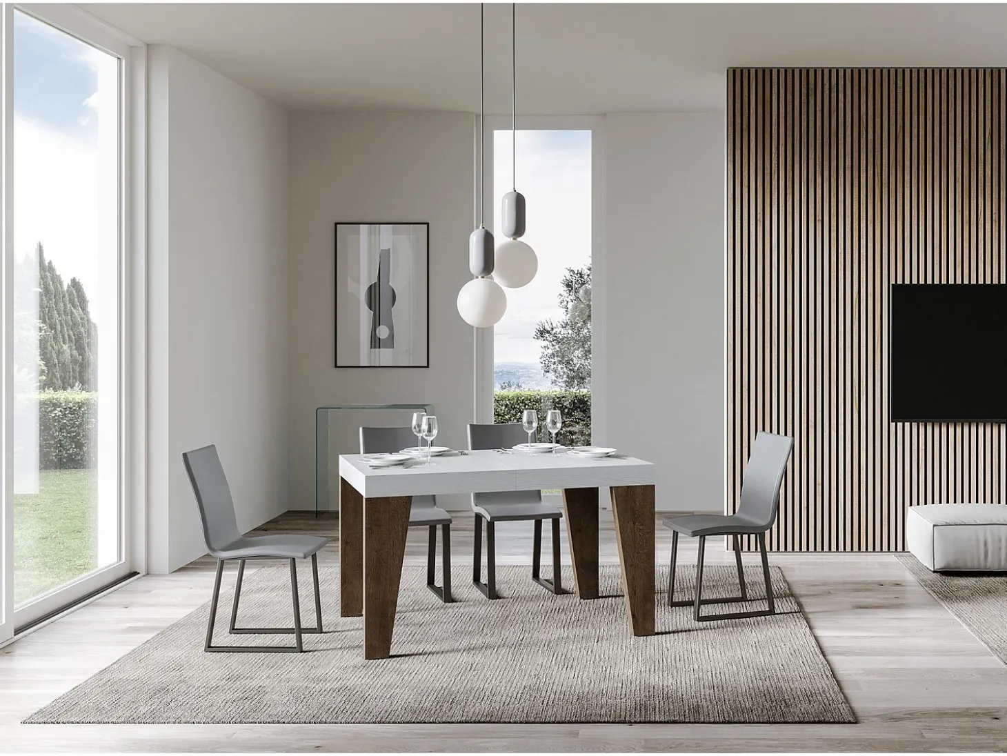 Mesa extensible 90x130/390 cm Naxy Mix Tapa fresno blanco - Patas nogal