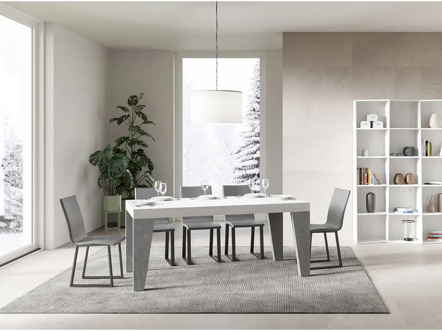 Mesa extensible 90x160/420 cm Naxy Mix Tapa fresno blanco - Patas cemento