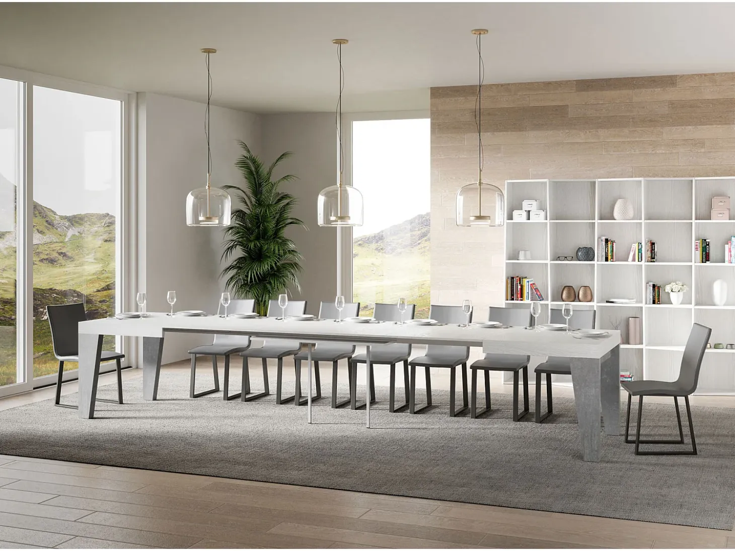 Mesa extensible 90x160/420 cm Naxy Mix Tapa fresno blanco - Patas cemento