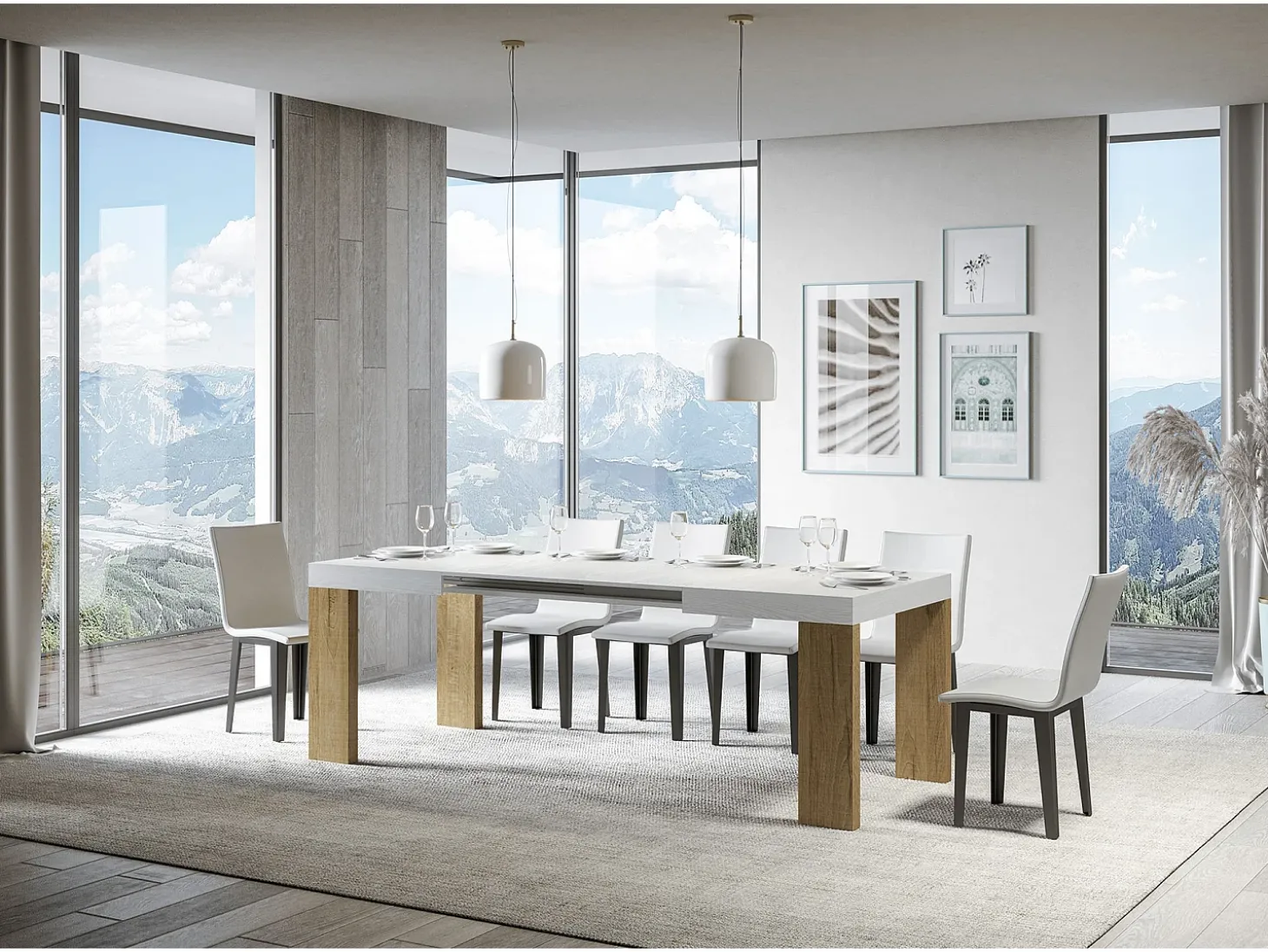 Mesa extensible 90x130/234 cm Roxell Mix Tapa Fresno Blanco - Patas Roble Nature