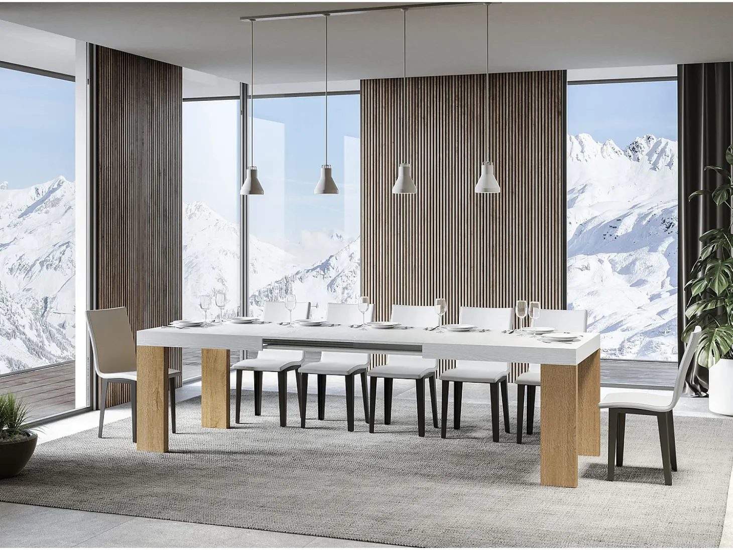 Mesa extensible 90x180/284 cm Roxell Mix Tapa Fresno Blanco - Patas Roble Nature