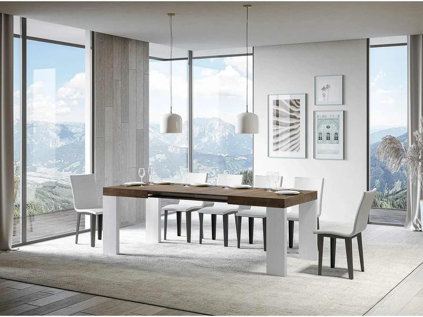 Mesa extensible 90x130/234 cm Tapa Roxell Mix Nogal - Patas Fresno Blanco