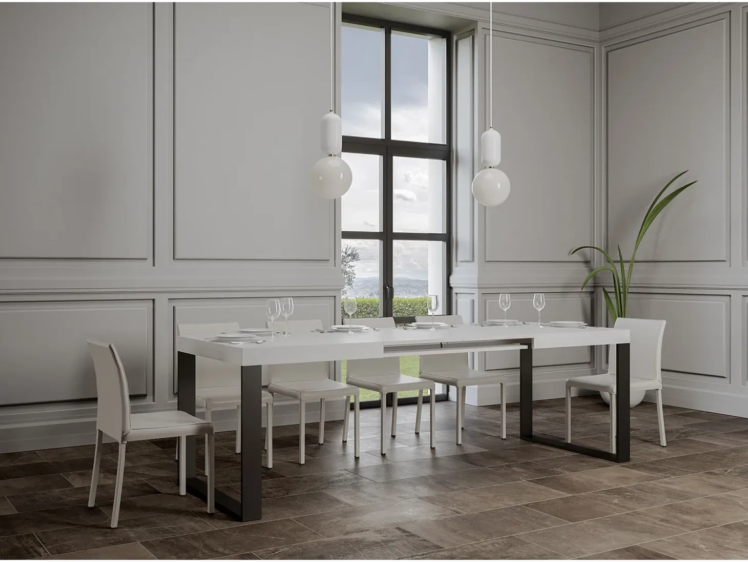 Mesa extensible 180/284x90 cm Tecno fresno blanco patas antracita