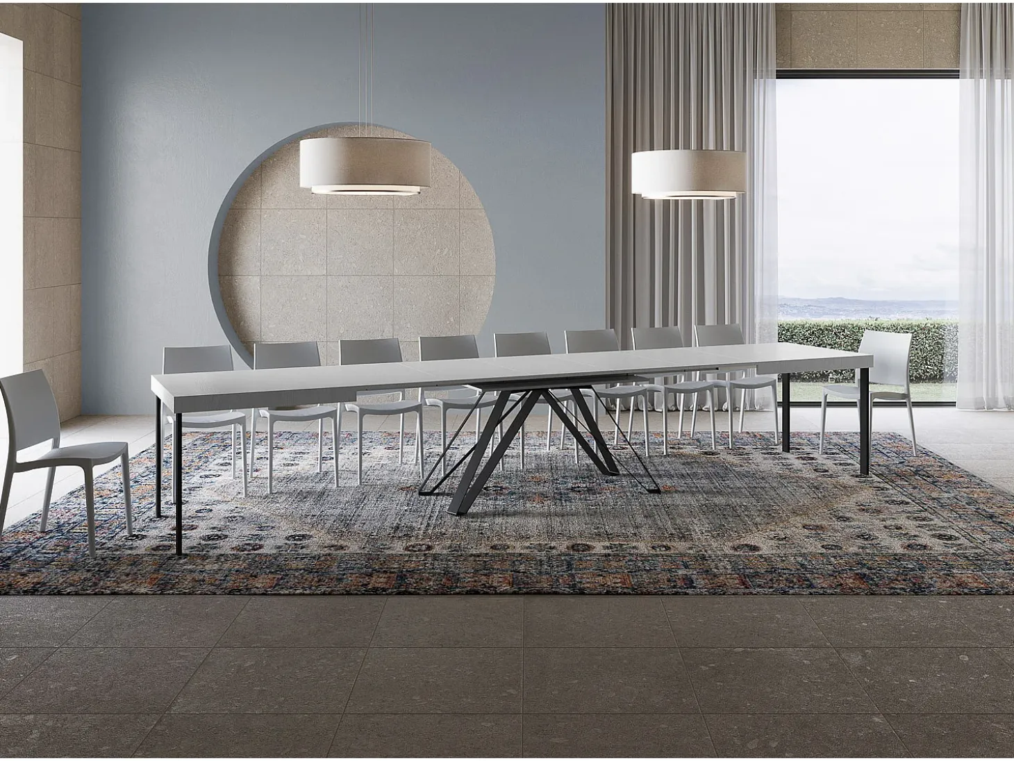 Mesa extensible 200/460x90 cm Terium efecto madera fresno blanco patas antracita