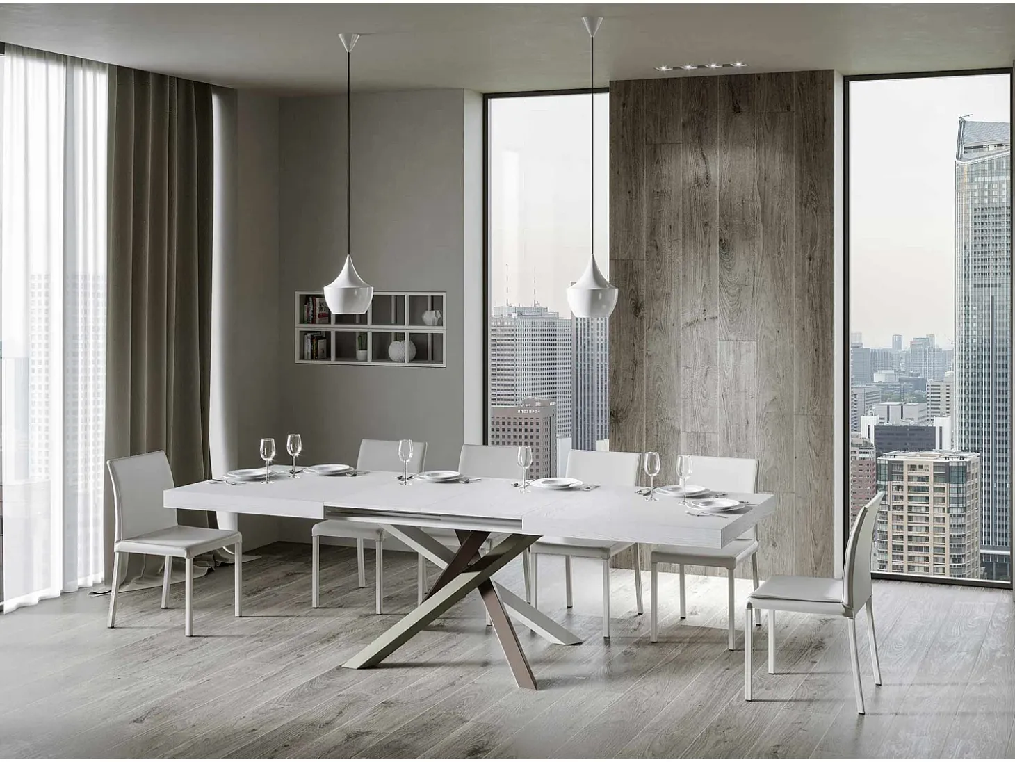 Mesa extensible 130/234x90 cm Volantis fresno blanco patas multicolor 4/C