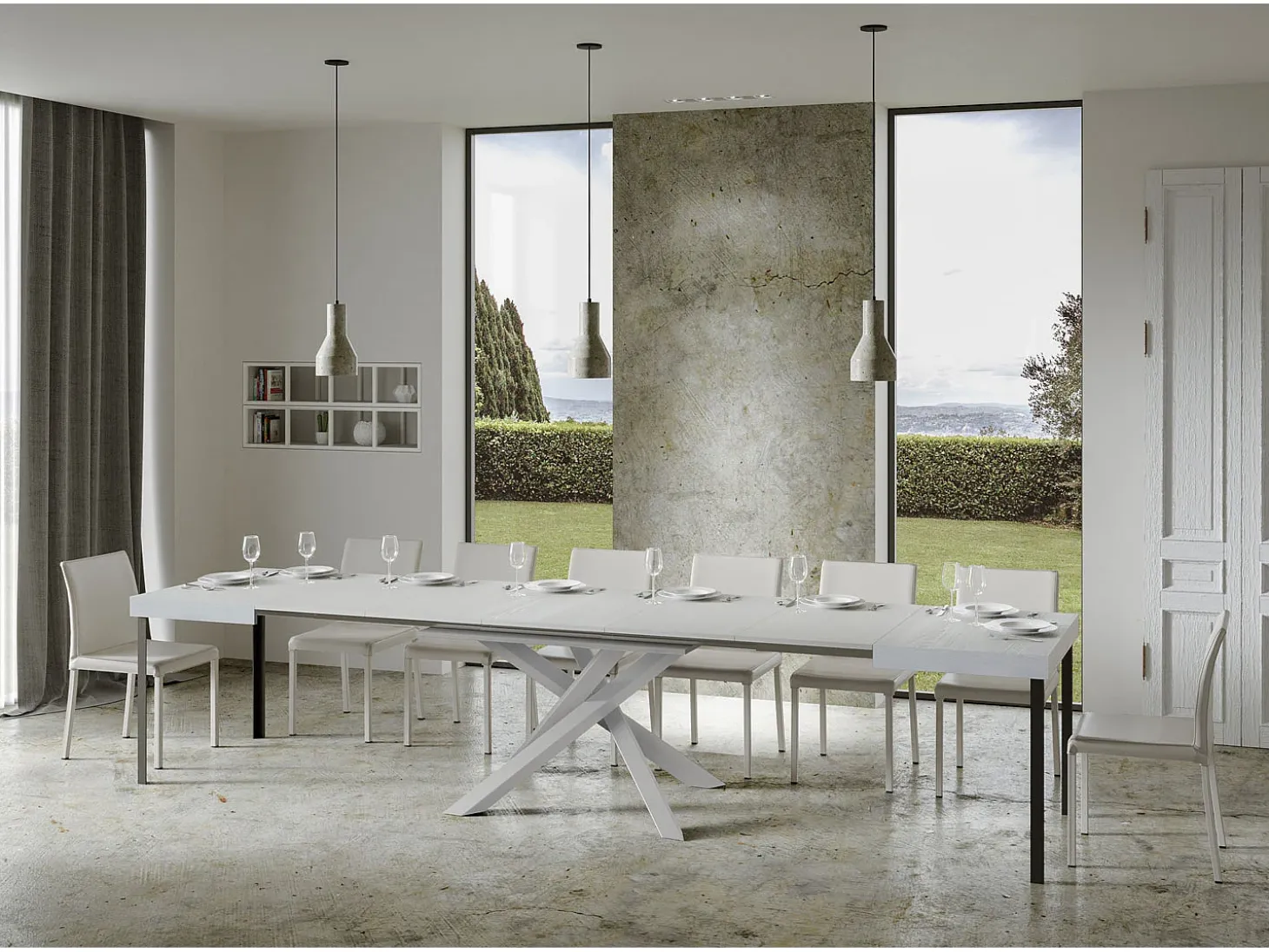 Mesa extensible 130/390x90 cm Volantis fresno blanco patas blancas