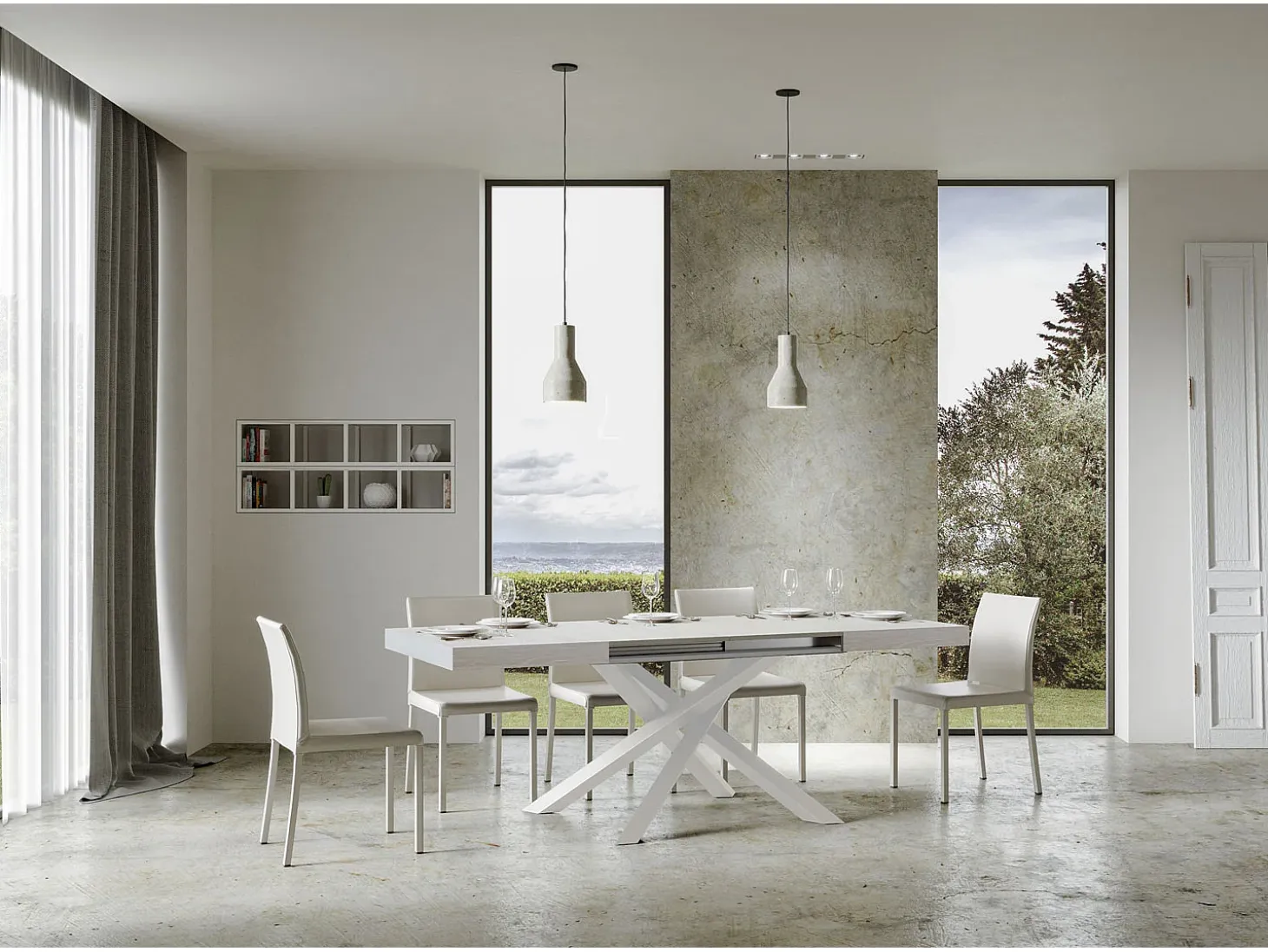 Mesa extensible 130/390x90 cm Volantis fresno blanco patas blancas