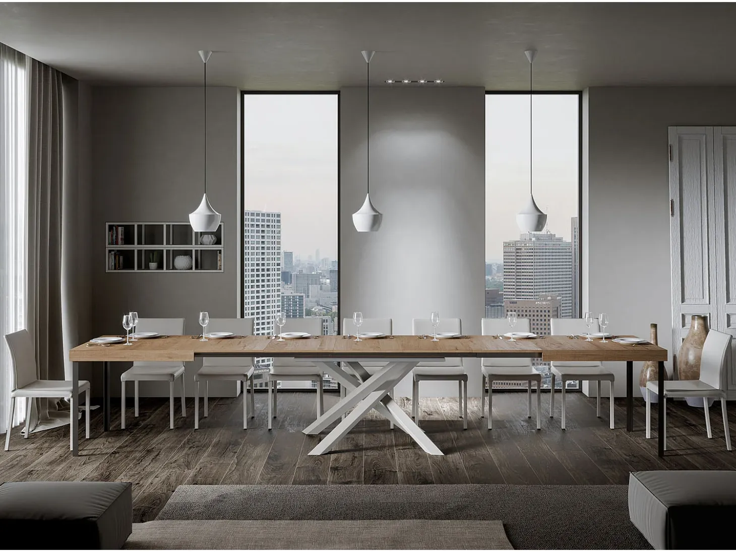 Mesa extensible 200/460x90 cm Volantis roble natural patas blancas