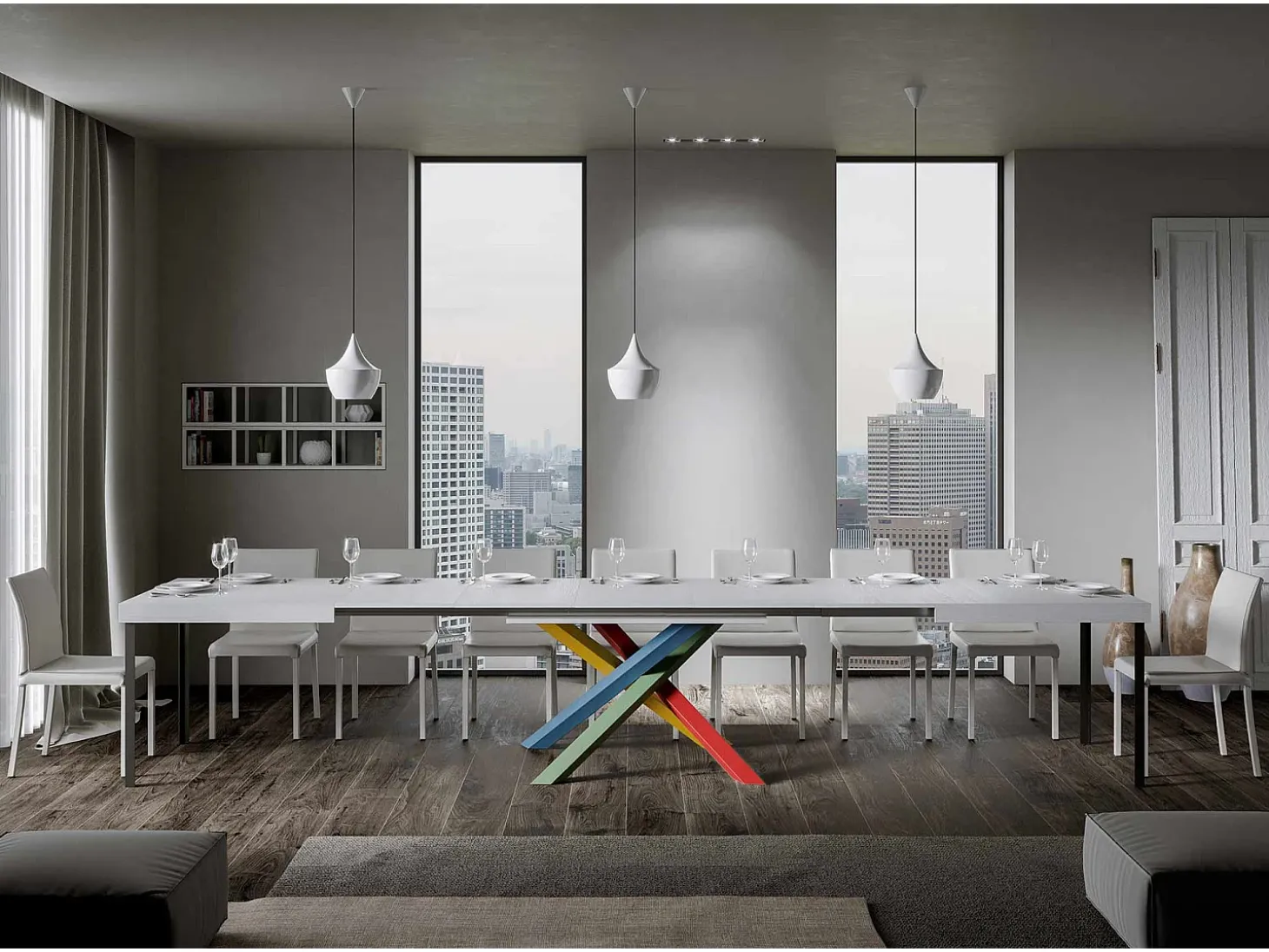 Mesa extensible 140/400x90 cm Volantis Premium fresno blanco patas multicolor 4/B