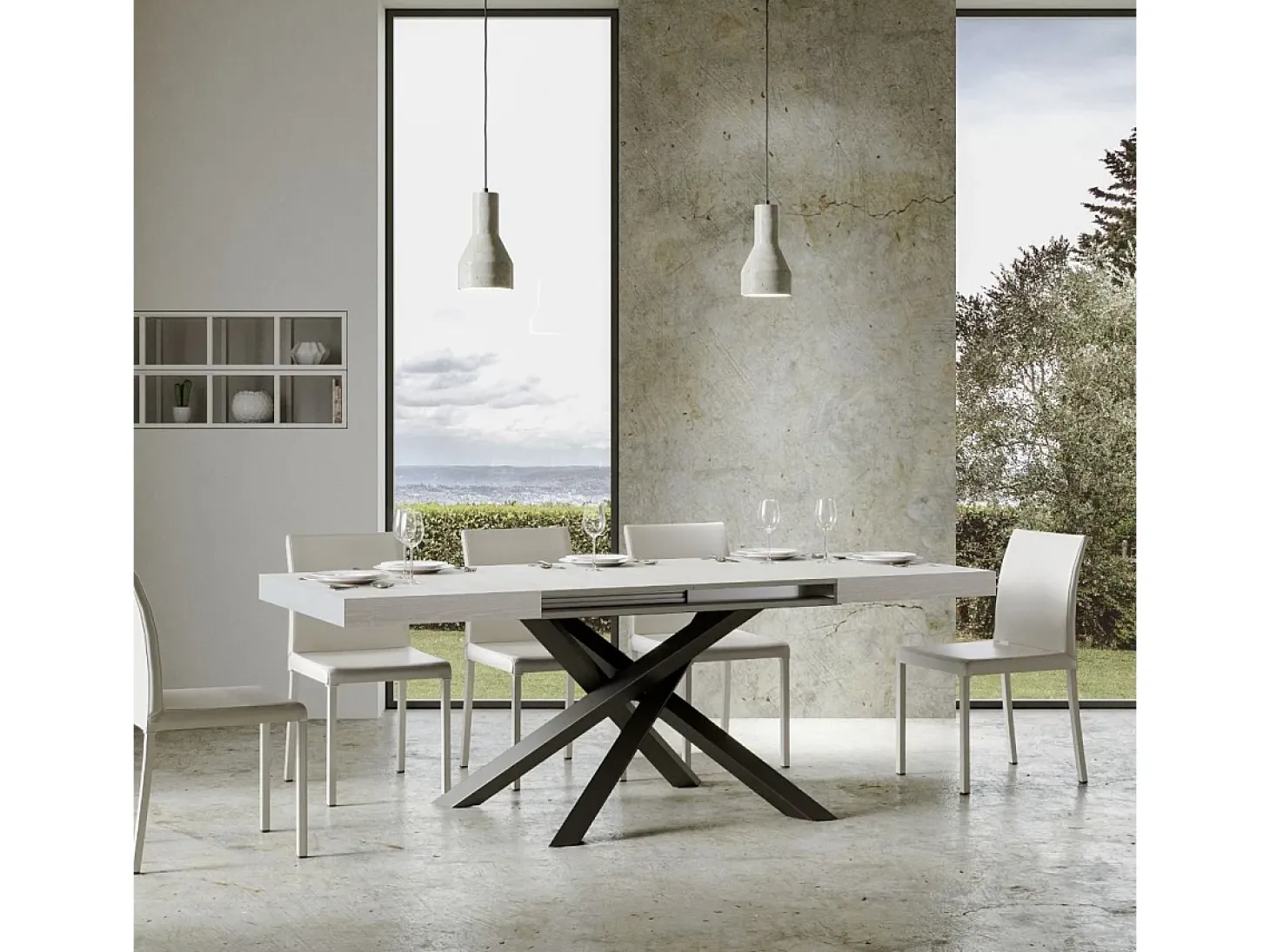 Mesa extensible 180/284x90 cm Volantis fresno blanco patas antracita