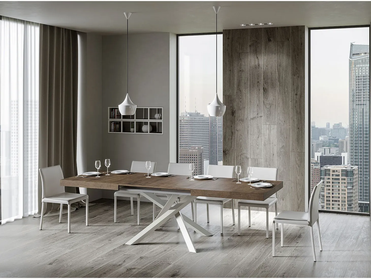 Mesa extensible 160/420x90 cm Volantis nogal patas blancas