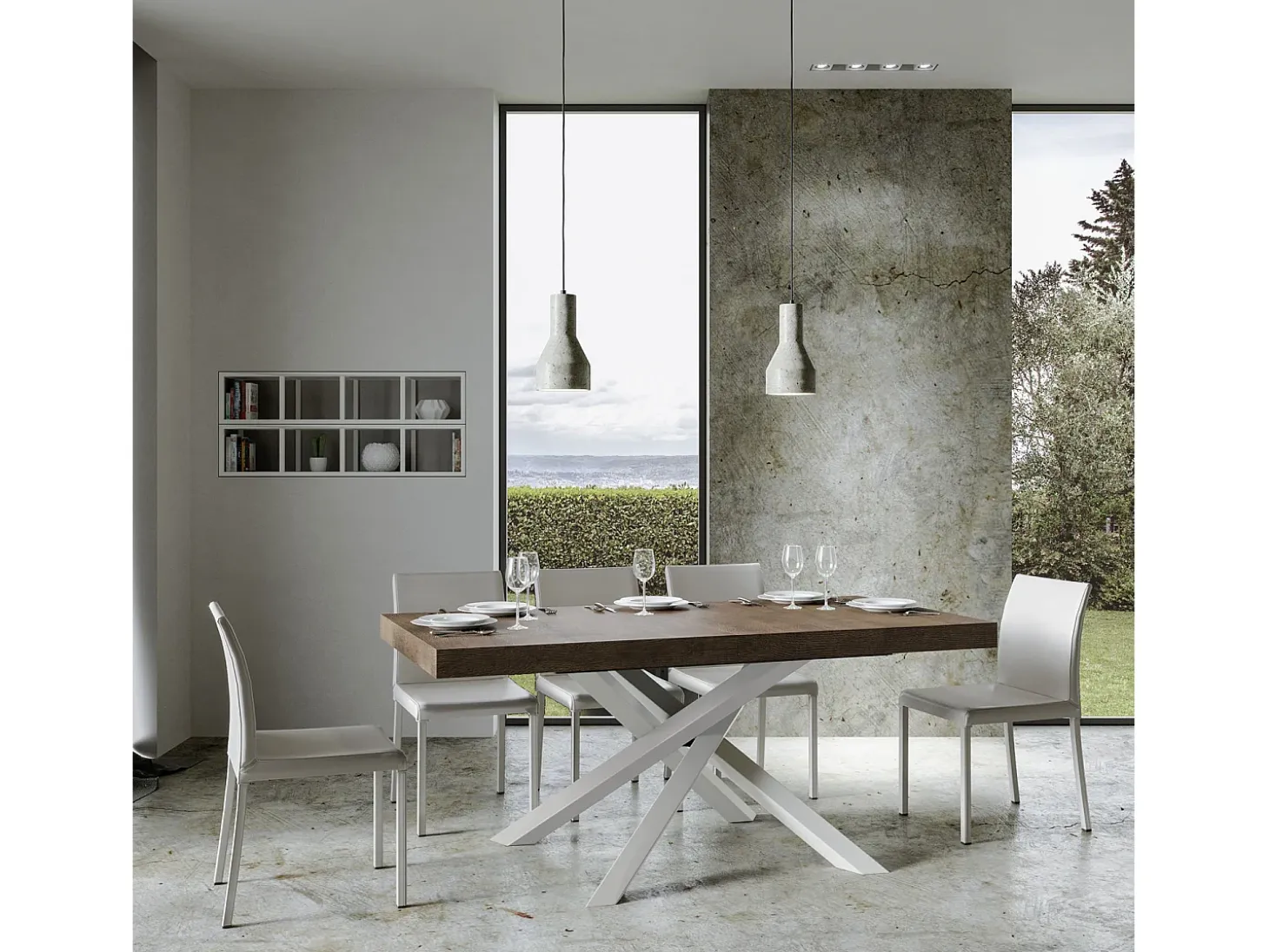 Mesa extensible 160/420x90 cm Volantis nogal patas blancas