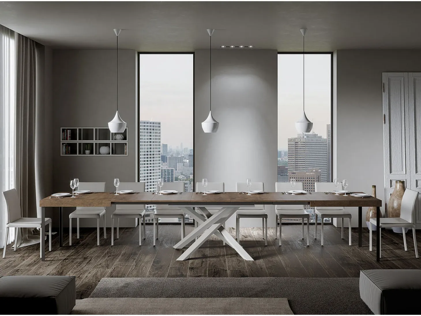 Mesa extensible 160/420x90 cm Volantis nogal patas blancas