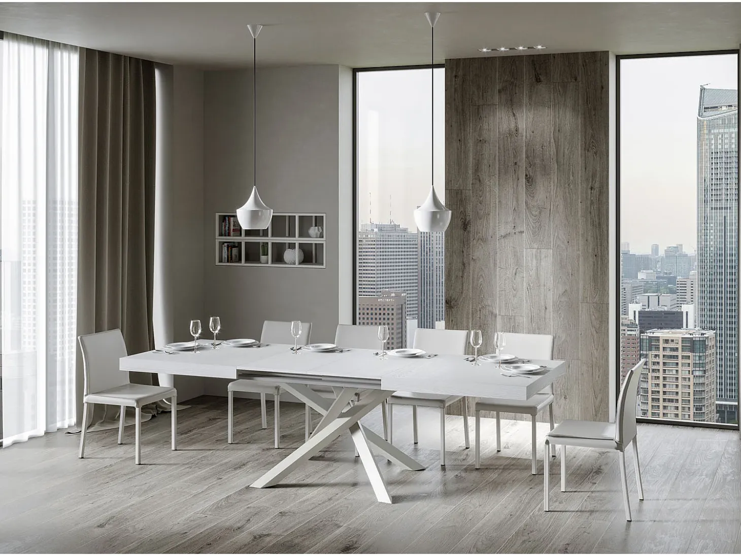 Mesa extensible 200/304x90 cm Volantis fresno blanco patas blancas