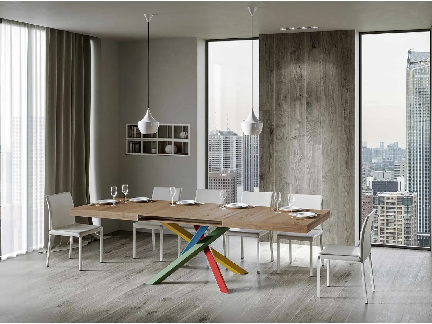Mesa extensible 180/440x90 cm Volantis roble natural patas multicolor 4/B