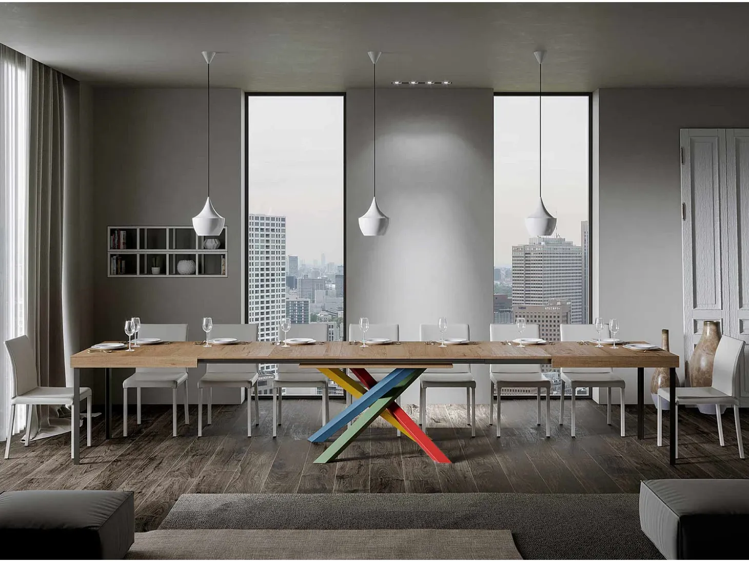 Mesa extensible 180/440x90 cm Volantis roble natural patas multicolor 4/B