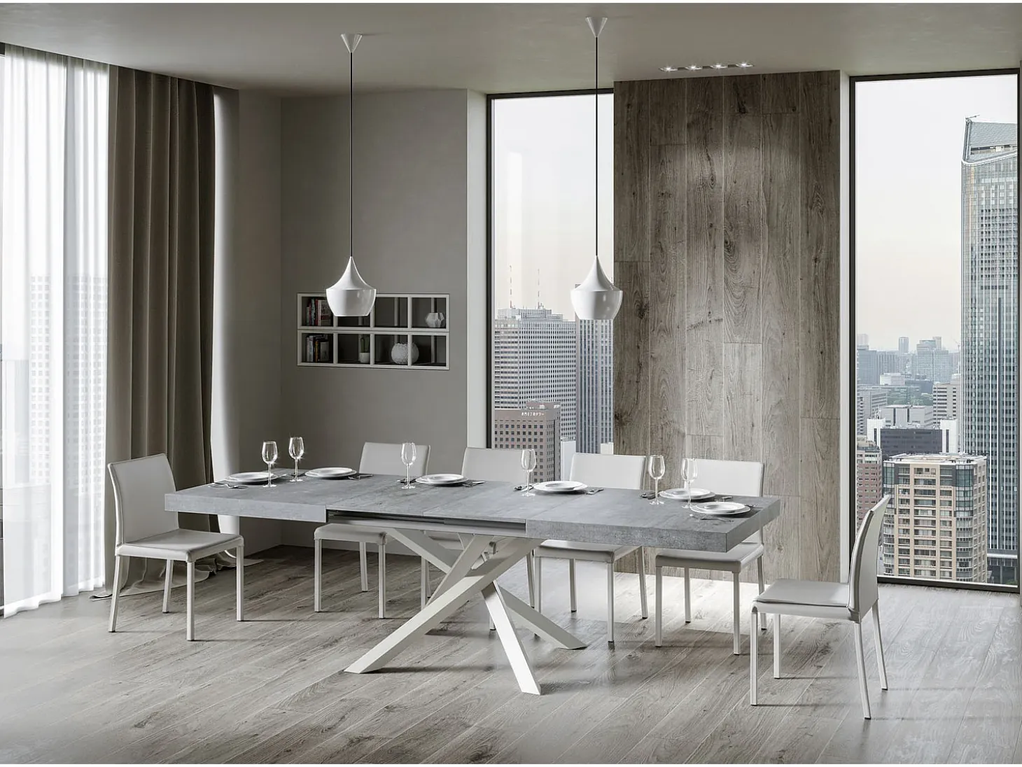 Mesa extensible 180/440x90 cm Volantis cemento patas blancas