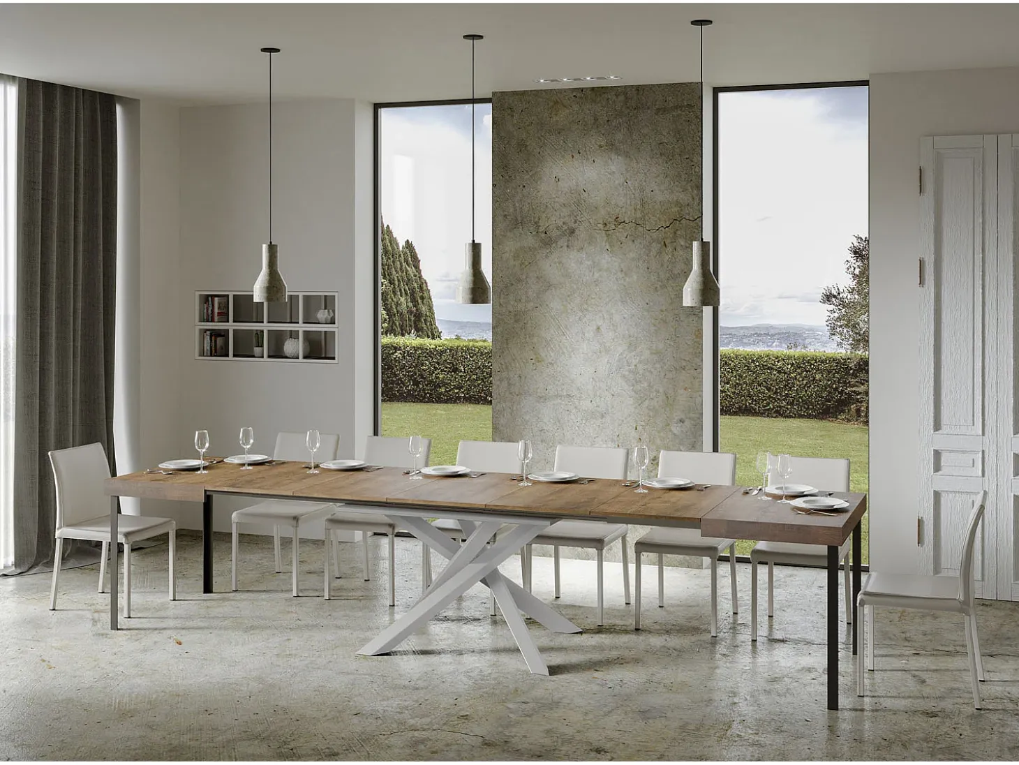 Mesa extensible 140/400x90 cm Volantis nogal patas blancas