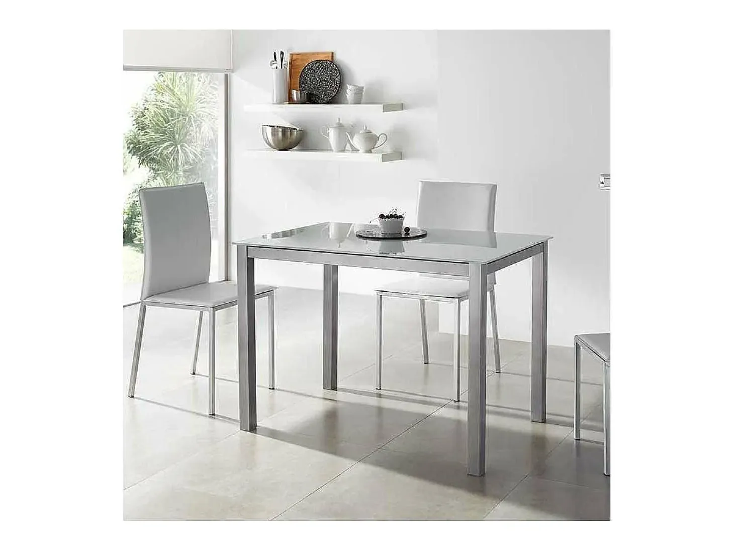 Mesa fija cocina cristal blanco patas grises 75 cm(alto)105 cm(ancho) 60 cm(fondo).