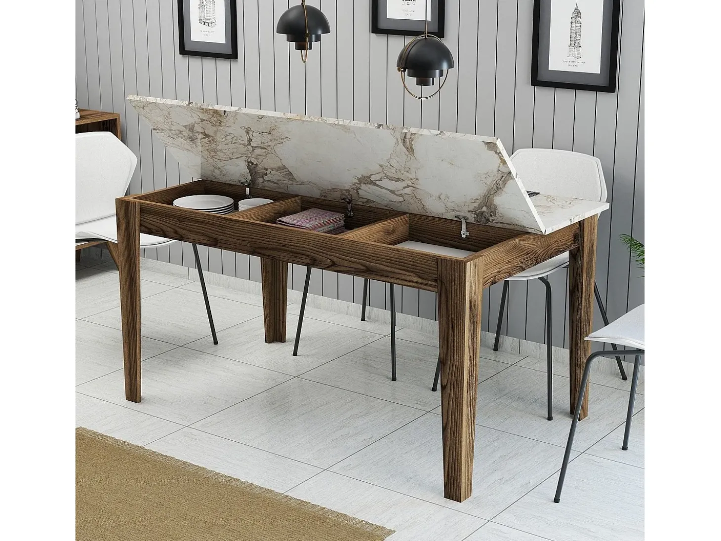 Mesa Kailua B100, Nuez|Mármol blanco, 75x88x145cm, Aglomerado laminado