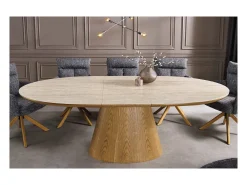Mesa LUMEA extensible 160–200 cm – Mesa contemporánea de cerámica con aspecto de travertino y roble
