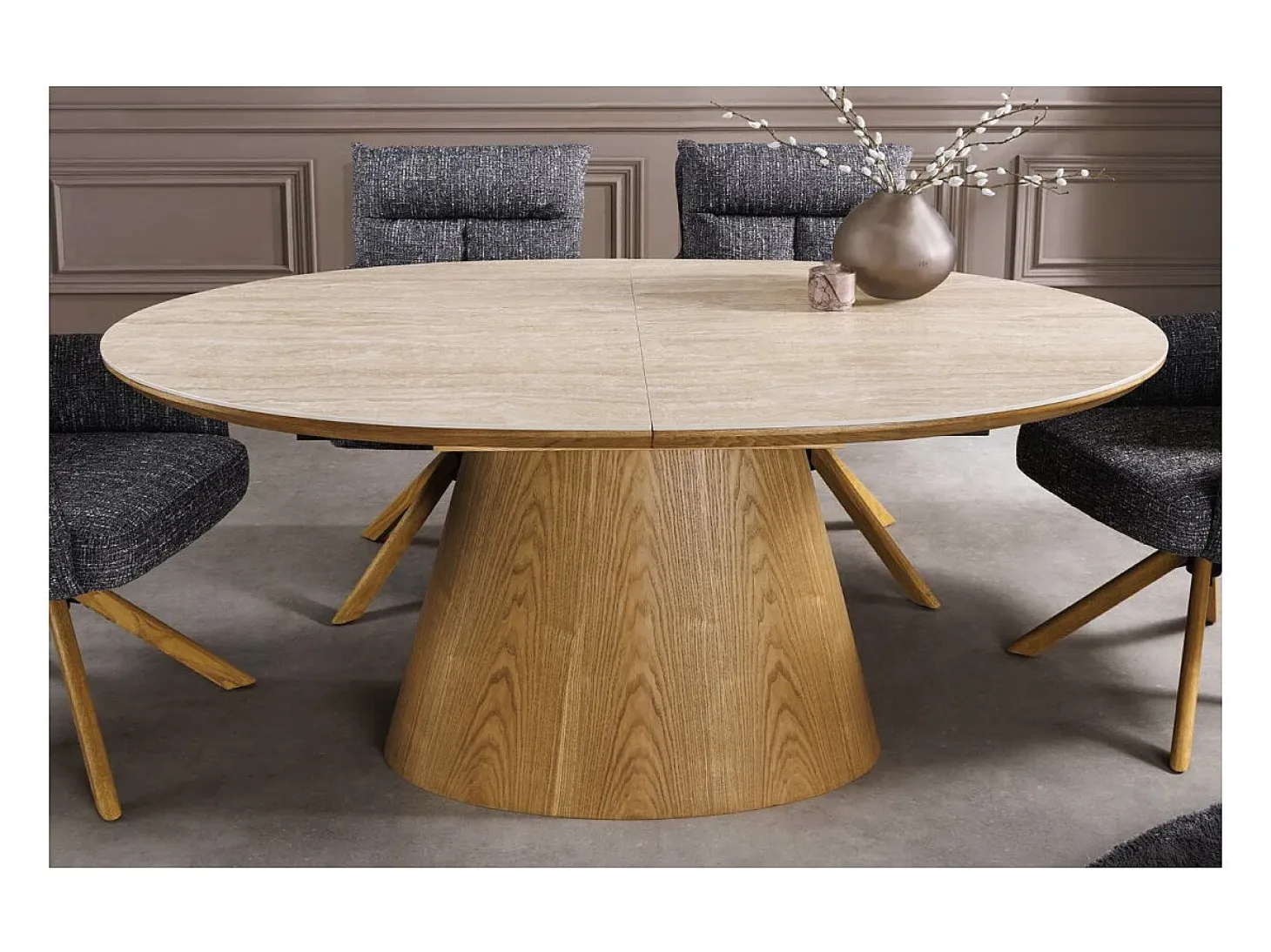 Mesa LUMEA extensible 160–200 cm – Mesa contemporánea de cerámica con aspecto de travertino y roble