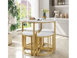 Mesa moderna con 4 sillas de terciopelo blanco, estructura de MDF y hierro dorado, elegante conjunto