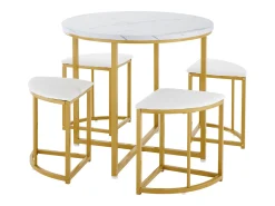 Mesa moderna con 4 sillas de terciopelo blanco, estructura de MDF y hierro dorado, elegante conjunto