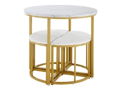 Mesa moderna con 4 sillas de terciopelo blanco, estructura de MDF y hierro dorado, elegante conjunto