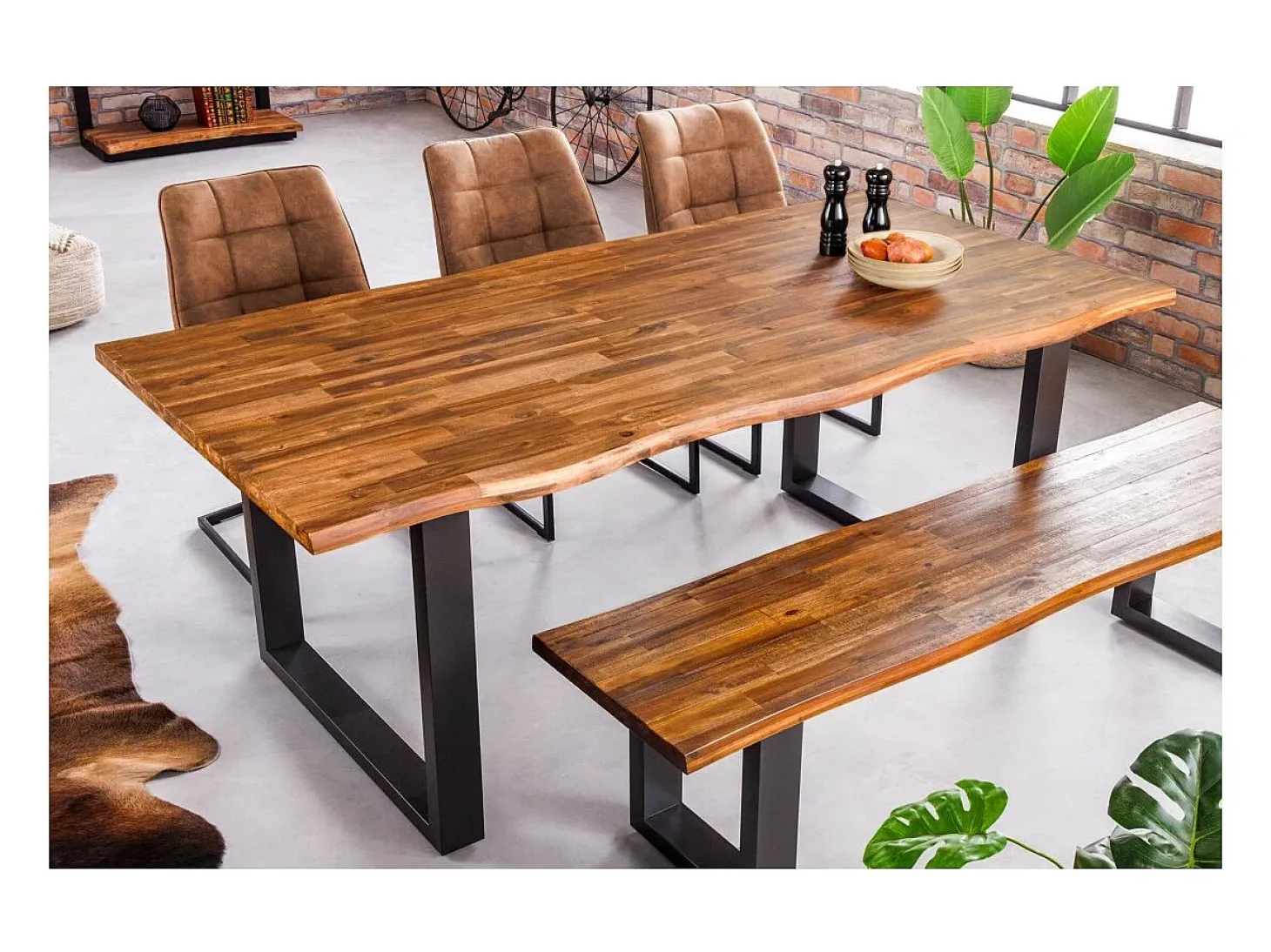 Mesa NALKO 200 cm – Tablero de madera maciza de acacia y estructura de metal negro – Elegancia industrial y autenticidad natural
