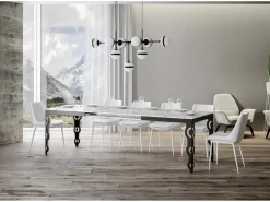 Mesa oriental extensible rectangular para 6 a 20 personas L 160 a 420 cm efecto mármol blanco y estructura de metal antracita Zakary