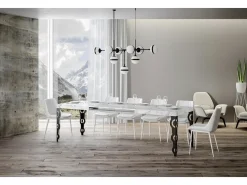 Mesa oriental extensible rectangular para 6 a 10 personas L 160 a 264 cm efecto mármol blanco y patas de metal antracita Kazay