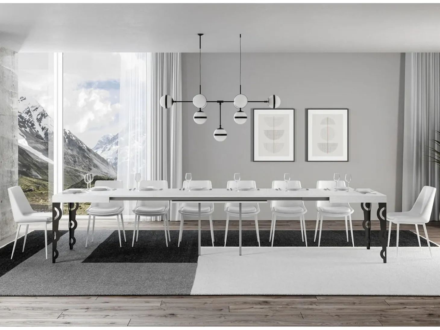 Mesa oriental rectangular extensible para 6 a 20 personas L 160 a 420 cm blanco brillo y ...