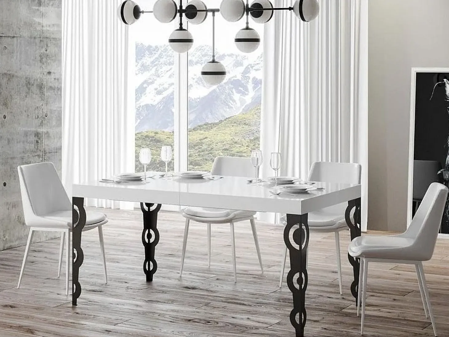 Mesa oriental rectangular extensible para 6 a 20 personas L 160 a 420 cm blanco brillo y ...