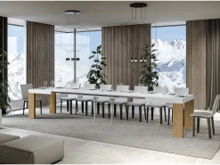 Mesa rectangular extensible madera blanca y natural 160 a 420 cm Ribo-Soporte 4 pies