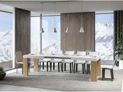 Mesa rectangular extensible blanca y madera clara 180 a 440 cm Ribo-Soporte 2 pies