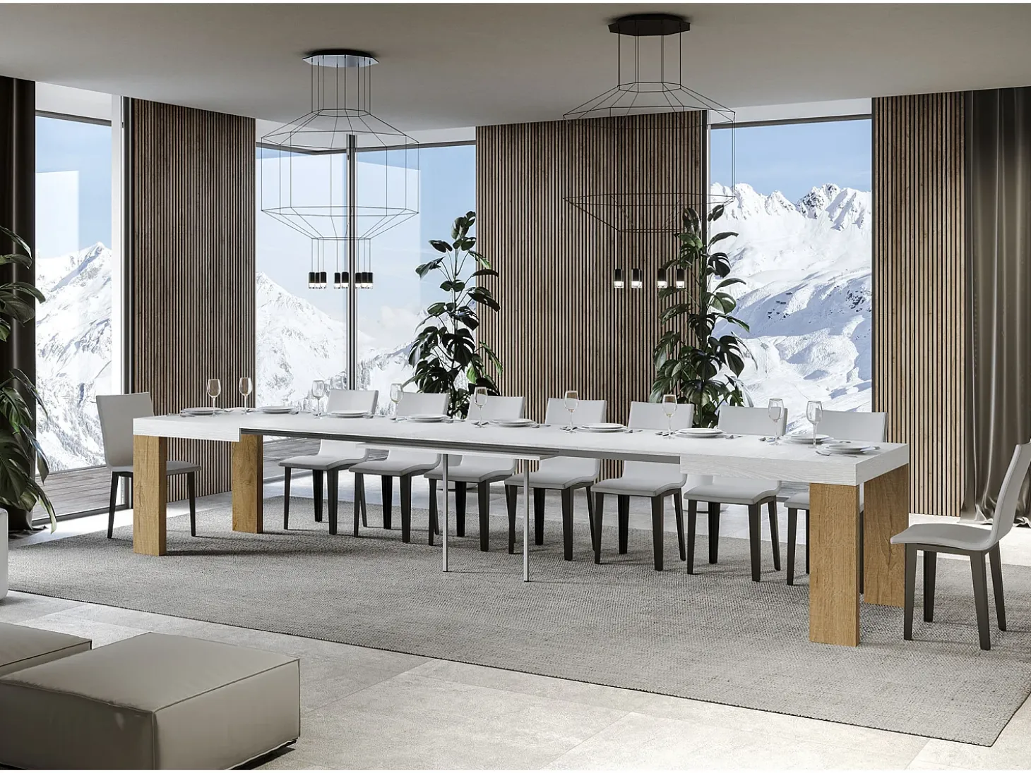Mesa rectangular extensible blanca y madera clara 180 a 440 cm Ribo-Soporte 2 pies