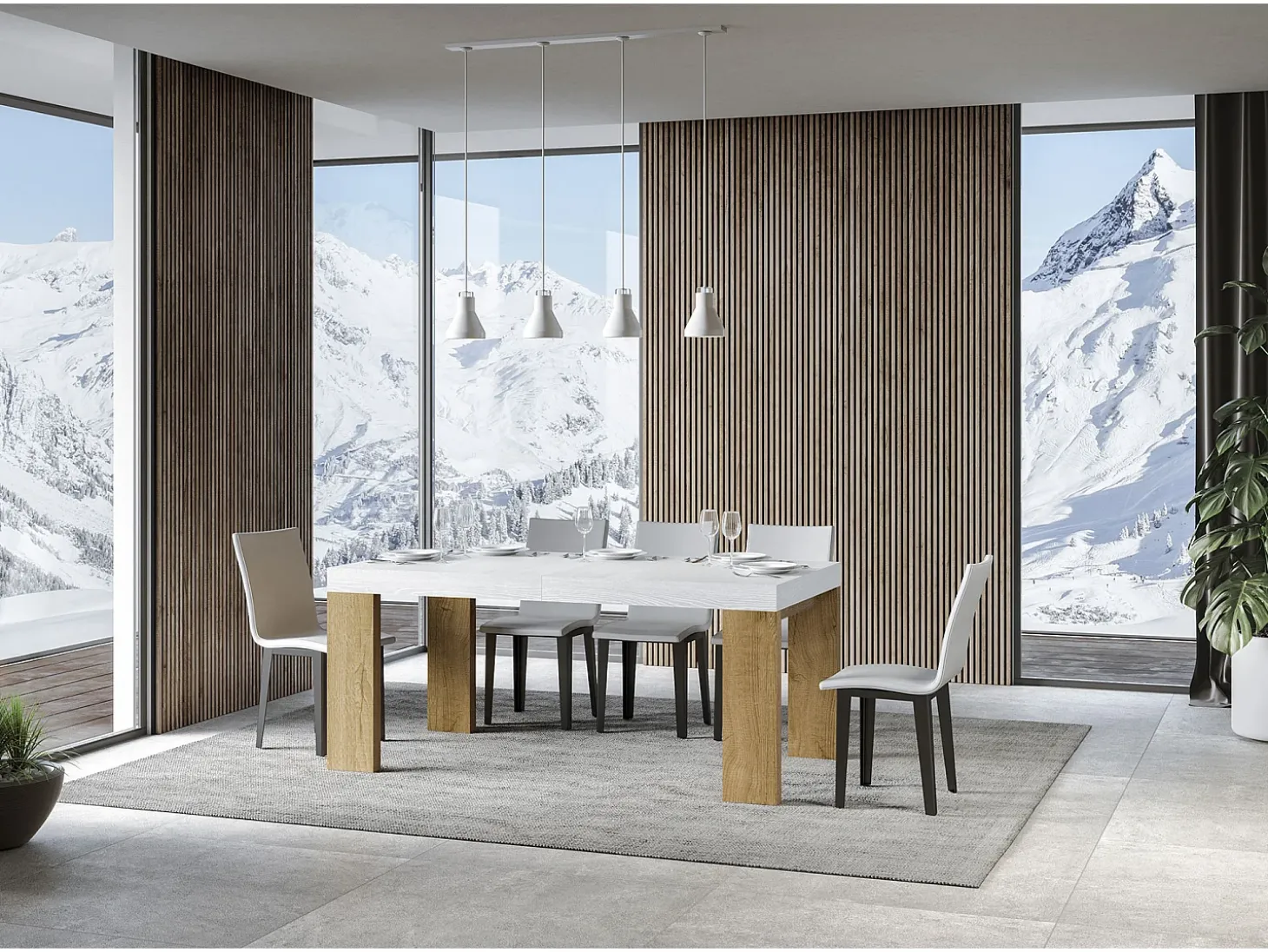 Mesa rectangular extensible blanca y madera clara 180 a 440 cm Ribo-Soporte 2 pies