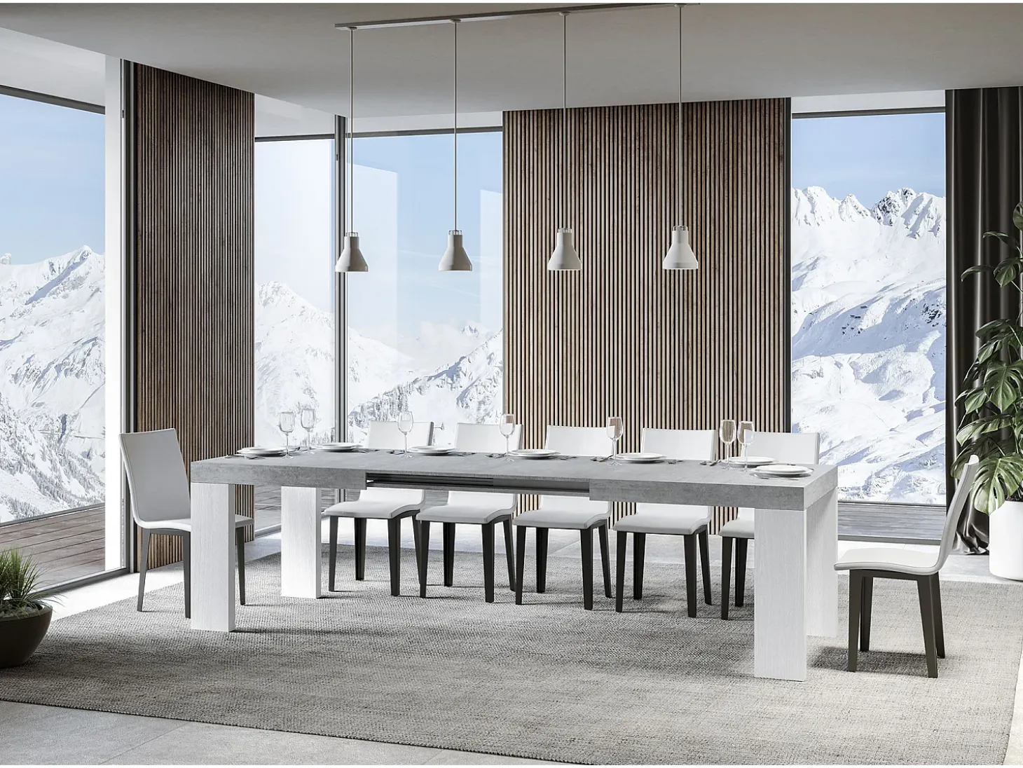 Mesa rectangular extensible hormigón gris y blanco 160 a 420 cm Ribo-Soporte 2 pies