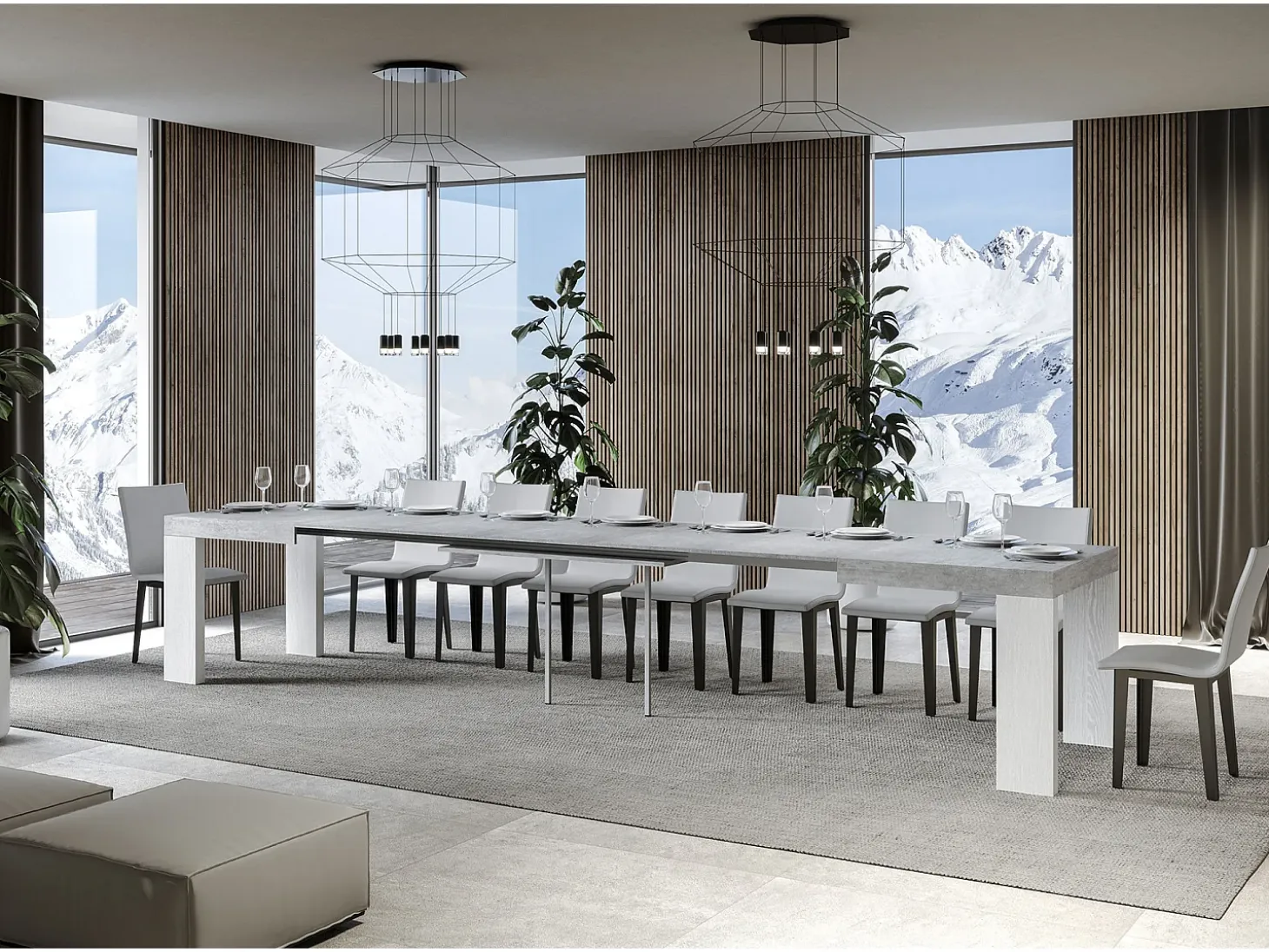 Mesa rectangular extensible hormigón gris y blanco 160 a 420 cm Ribo-Soporte 2 pies
