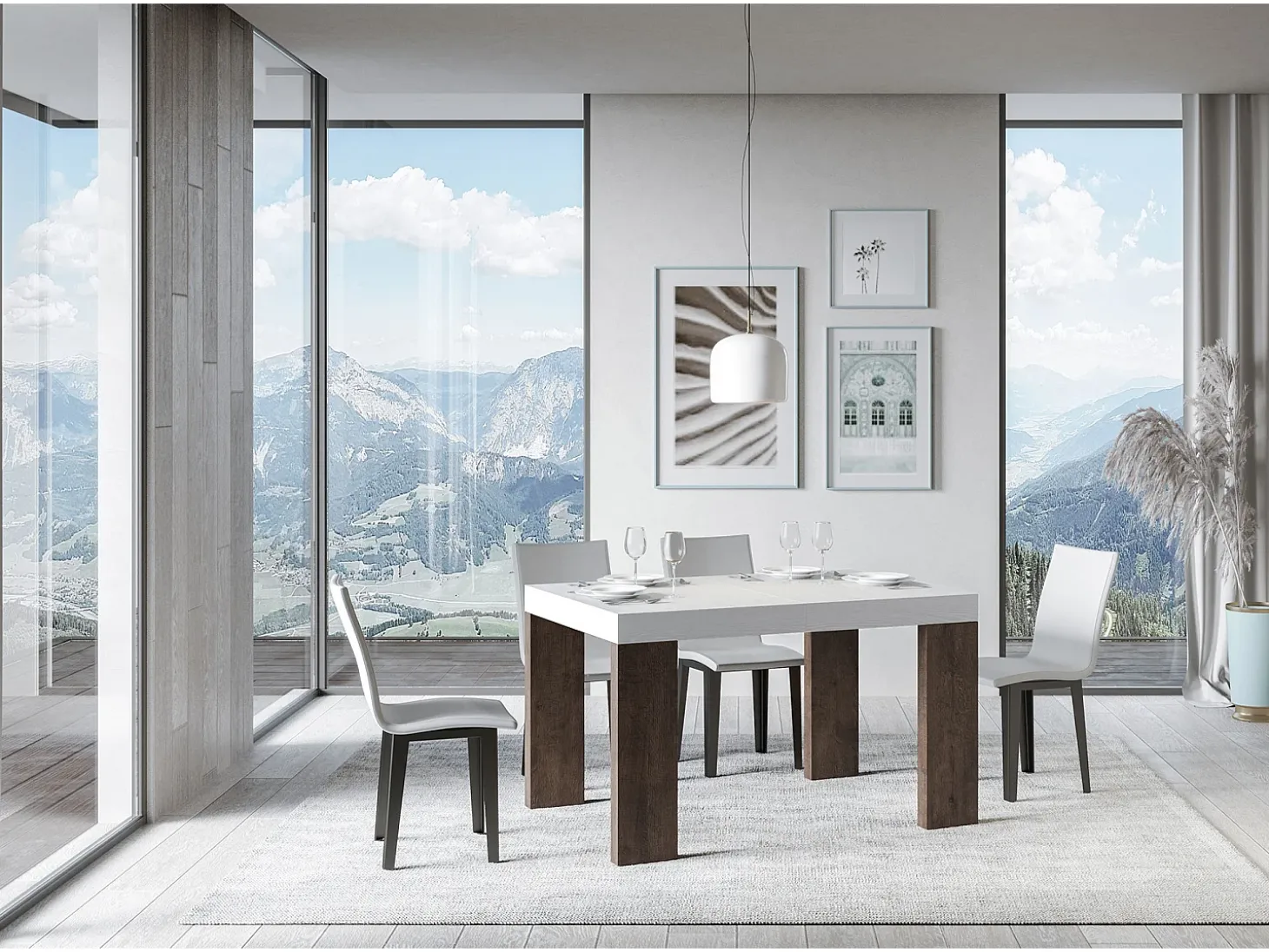 Mesa rectangular extensible madera blanca y nogal 130 a 234 cm Ribo-Soporte 2 pies