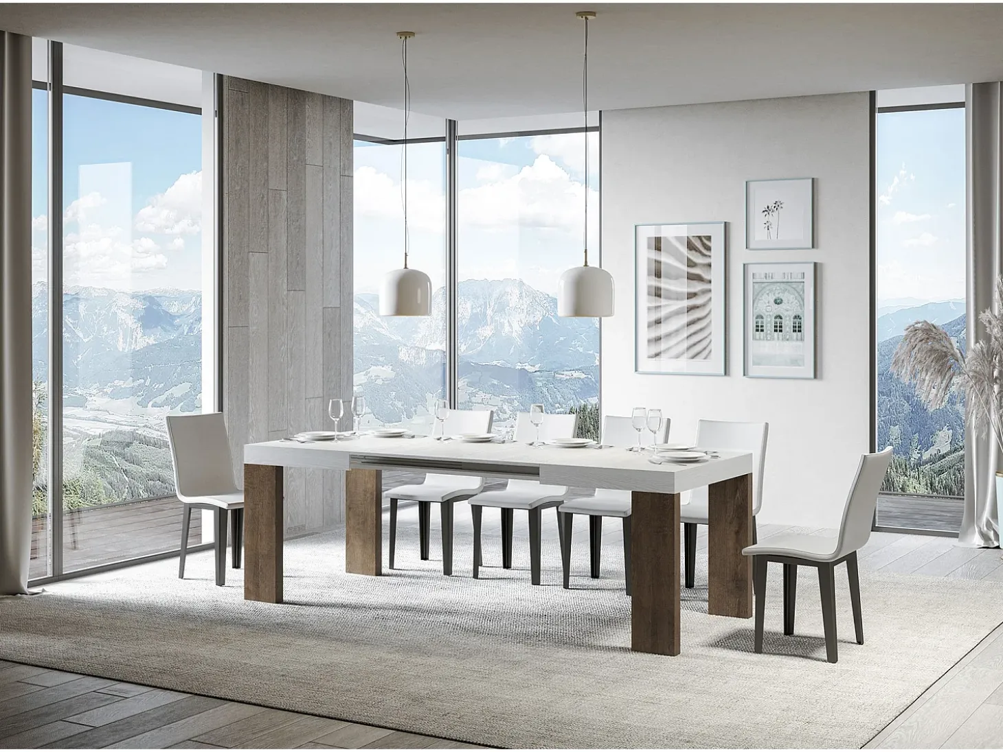 Mesa rectangular extensible madera blanca y nogal 130 a 234 cm Ribo-Soporte 2 pies